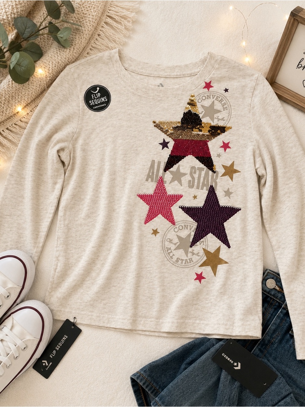NWT Converse Flip Sequin All Star Girls Long Sleeve Tee - Picture 1 of 10